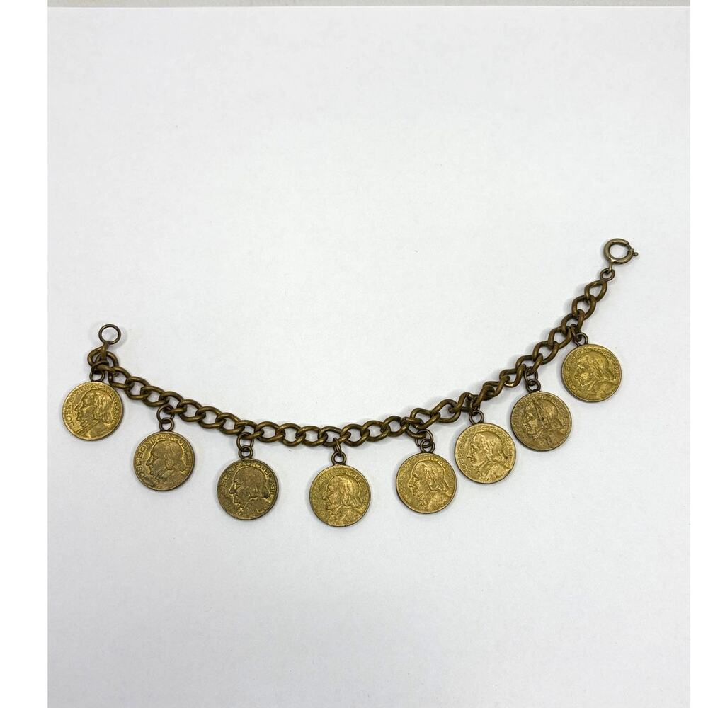 Coin Charm Bracelet Vintage Brazil 10 Centavos 1948 Gold Tone